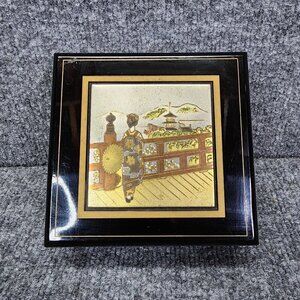 Vintage 1980 Black Lacquerware Lacquer Music Jewelry Box‎ Chinese Japanese Asian